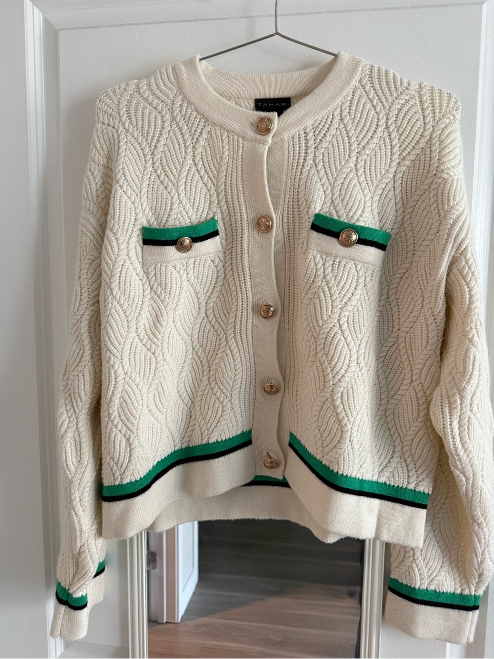 Tahari Women’s Cream Knit Cardigan with Green Trim and Gold Buttons, Medium